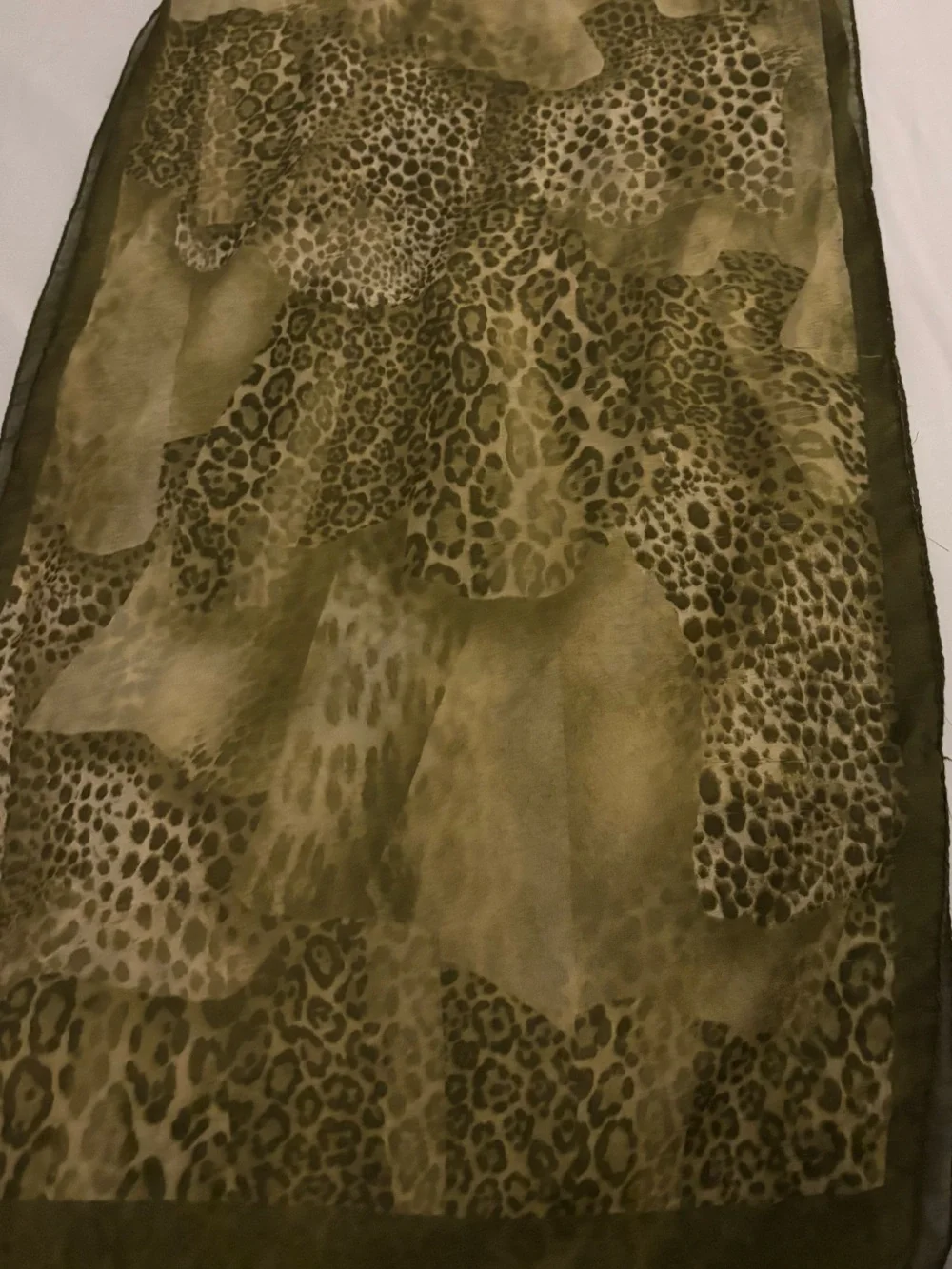 Vintage Green Brown Leopard Animal Print Thin Oblong Silk Scarf 62” Y2K